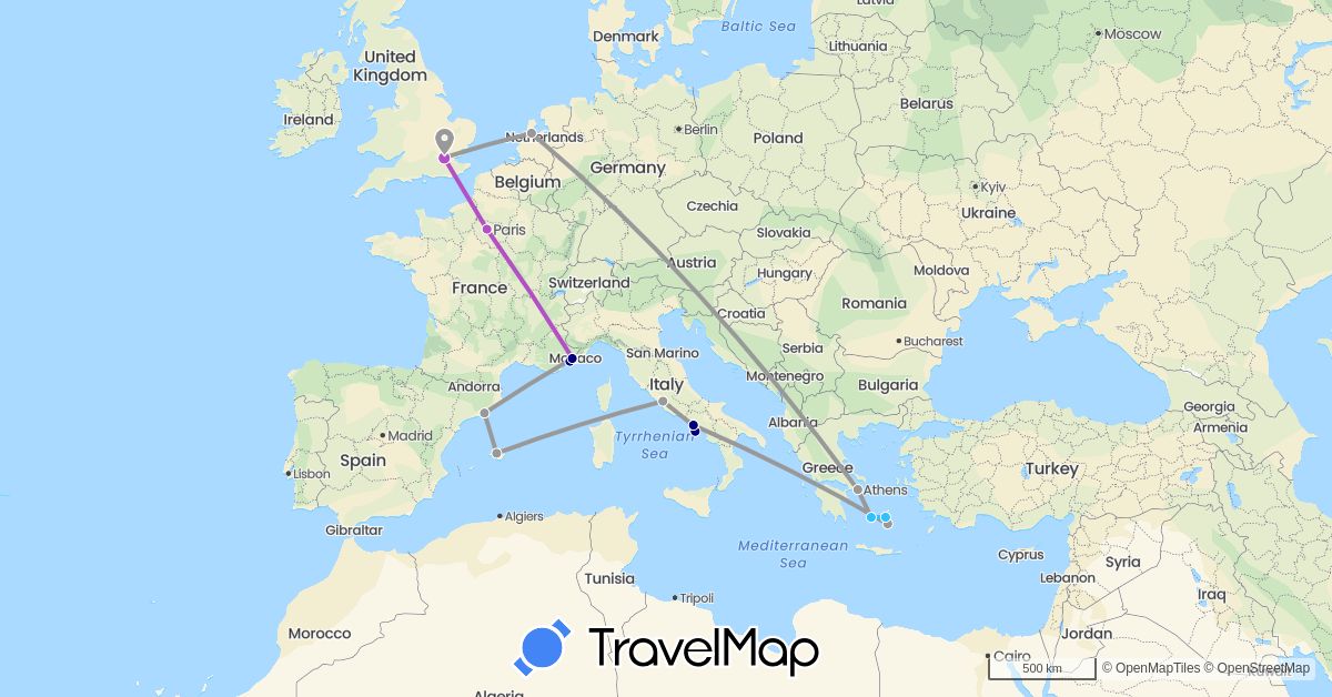 TravelMap itinerary: driving, plane, train, boat in Spain, France, United Kingdom, Greece, Italy, Netherlands (Europe)